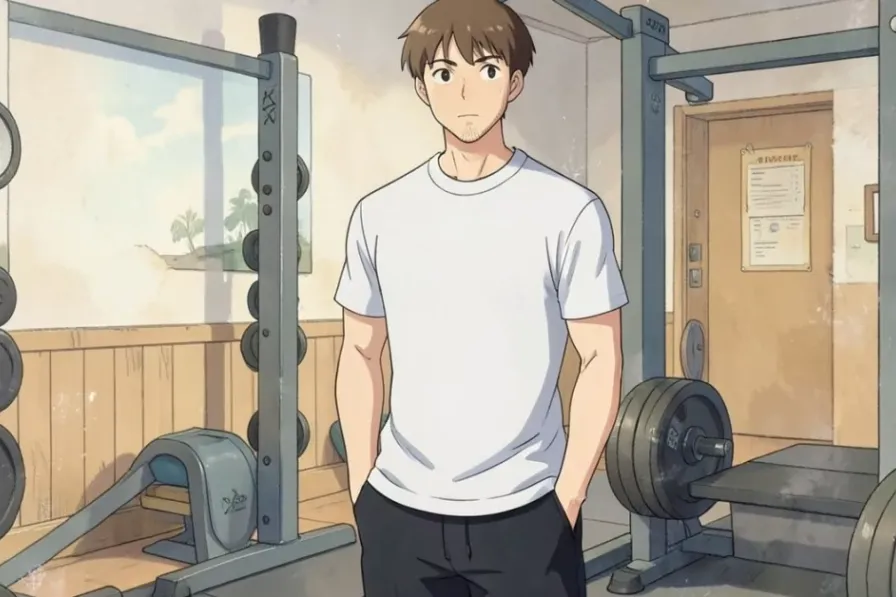 bulking vs cutting - is standing in a home gym next to a weight rack, hands in his pockets, looking at the camera - Studio Gh