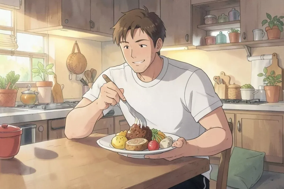 is eating a large plate of food at a kitchen table after a workout - Studio Ghibli anime illustration