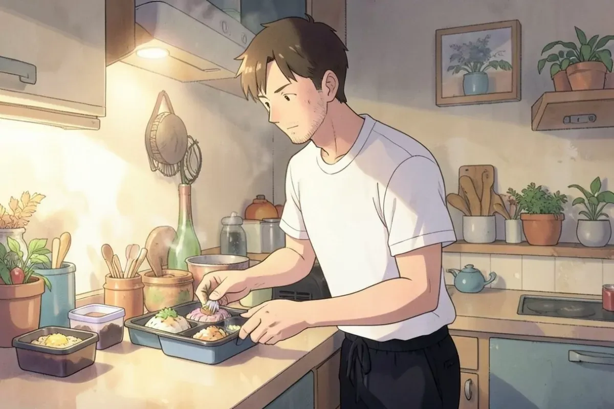 is preparing a small portioned meal in containers on a kitchen counter - Studio Ghibli anime illustration