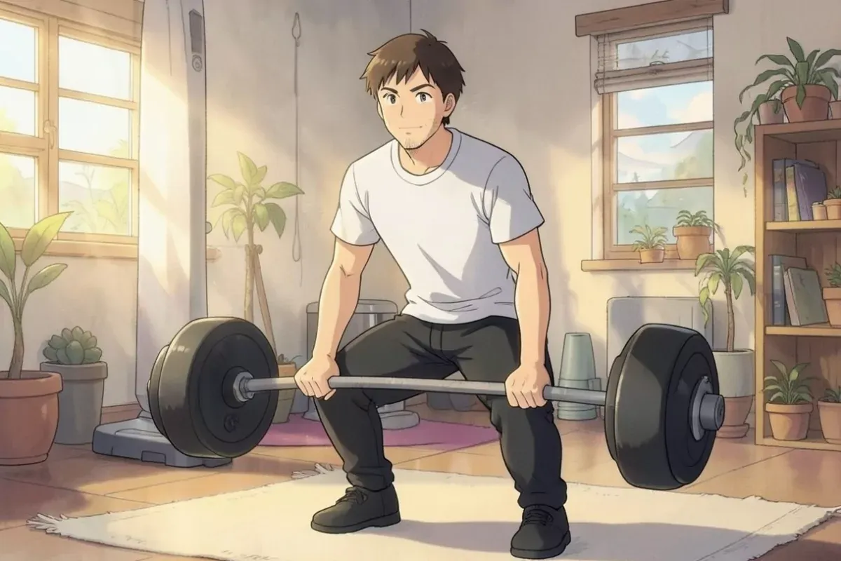 is doing a barbell squat in a home gym - Studio Ghibli anime illustration