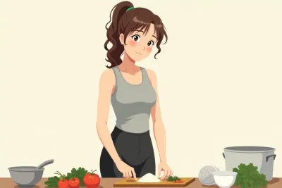 carb cycling - a woman preparing a meal with vegetables and rice in a bright kitchen - Studio Ghibli anime illustration