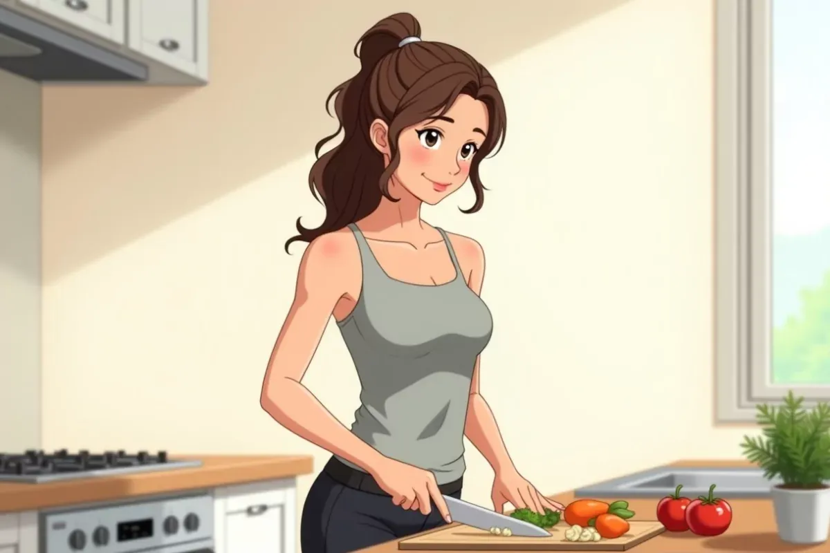 is preparing a meal with vegetables and a portion of rice on a cutting board, focused expression, bright kitchen - Studio Ghibli anime illustration