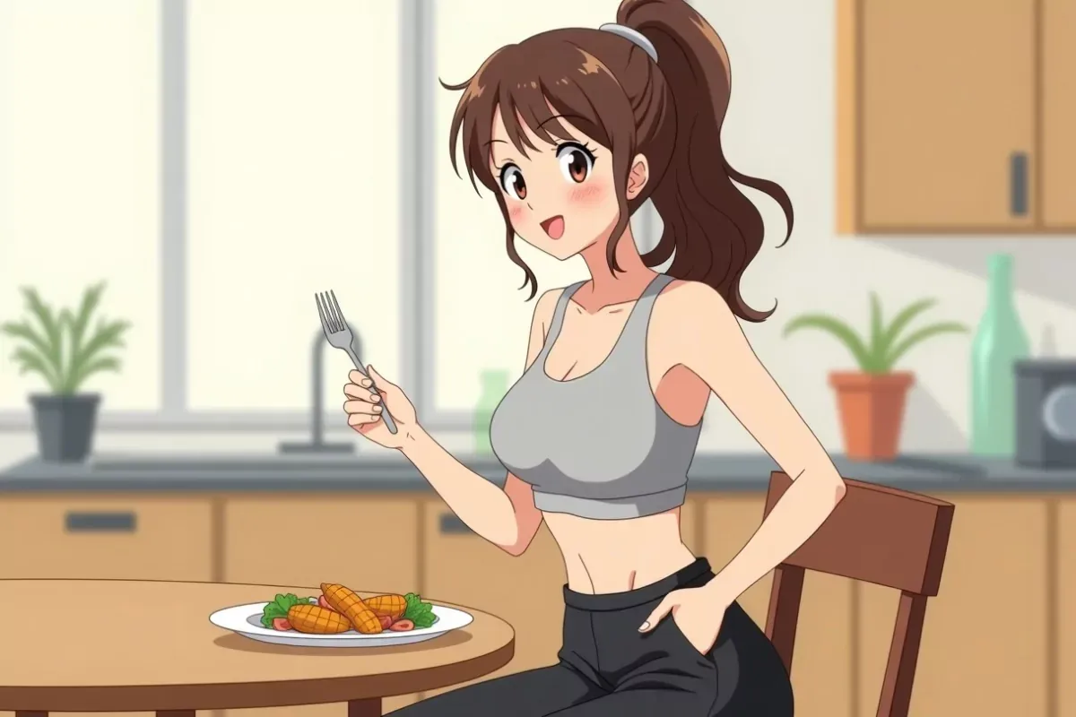 is sitting at a table with a plate of grilled chicken and vegetables, calm expression, bright kitchen - Studio Ghibli anime illustration