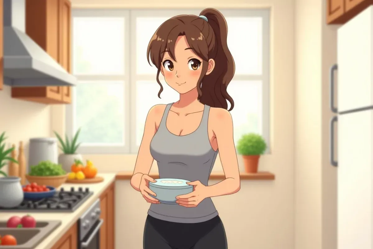 is standing confidently in a bright kitchen with a meal prep container, calm expression - Studio Ghibli anime illustration