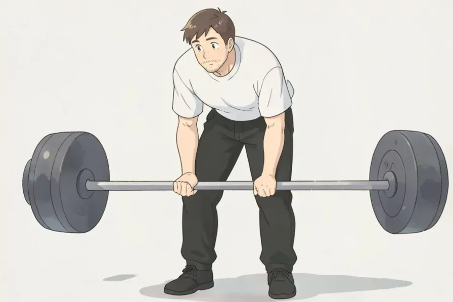 cluster sets - a man bent forward gripping a straight barbell with both hands in a deadlift starting position - Studio Ghibli anime illustration