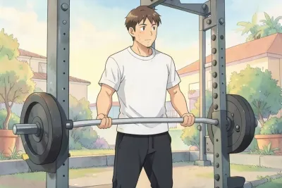 rest-pause training - a man standing at a squat rack gripping a straight barbell with both hands mid-set - Studio Ghibli anime illustration