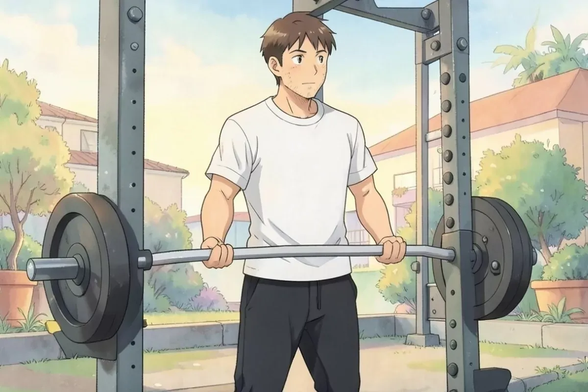 is standing at a squat rack gripping a straight barbell with both hands, mid-set, focused expression, bright indoor gym - Studio Ghibli anime illustra