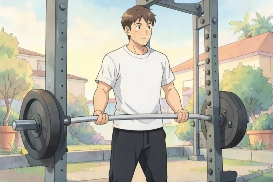 rest-pause training - a man standing at a squat rack gripping a straight barbell with both hands mid-set - Studio Ghibli anime illustration