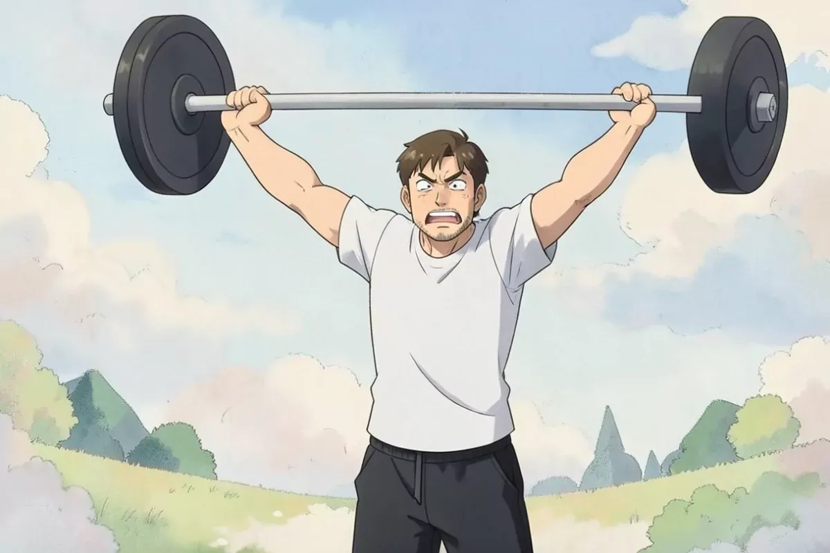 is standing pressing a straight barbell overhead with both arms extended, strained expression, bright indoor gym - Studio Ghibli anime illustration