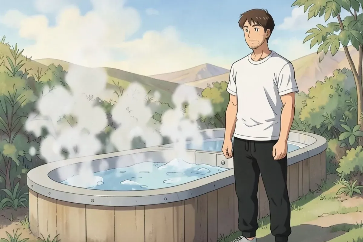 is standing beside an outdoor cold plunge tub with steam rising off the icy water, holding a folded towel with both hands, workout clothes, bright col