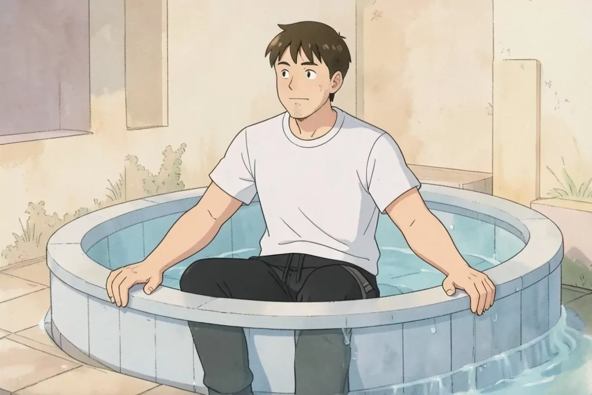 is sitting in a cold plunge tub with both hands resting flat on the rim, focused determined expression, cold water with visible steam, outdoor setting