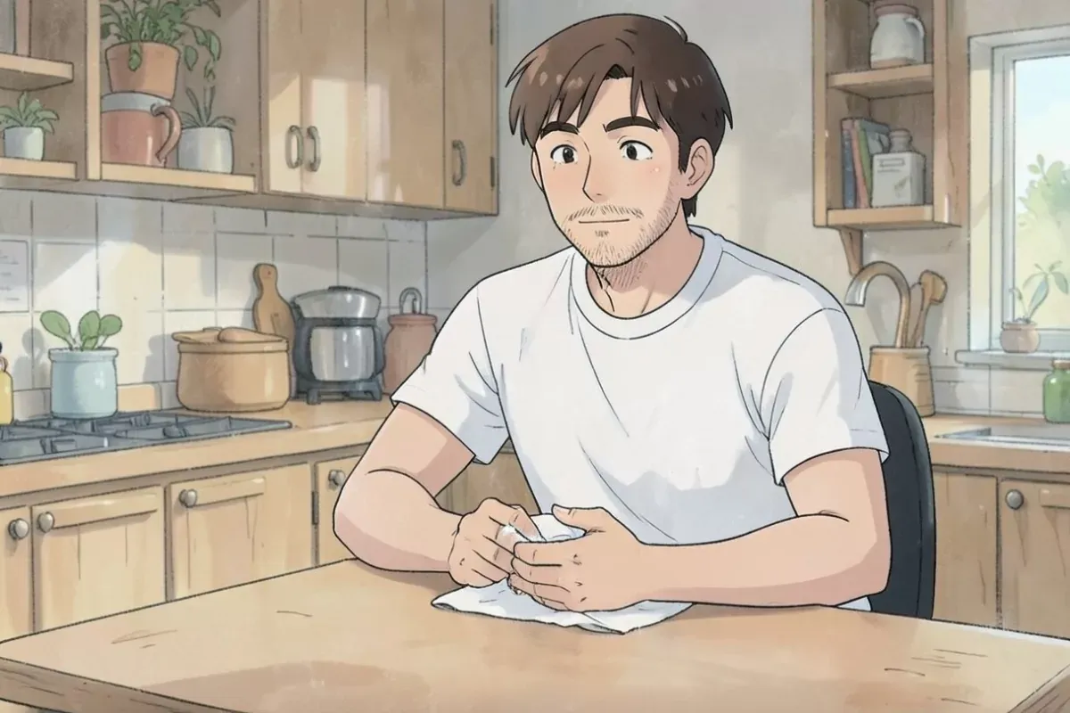is sitting at a kitchen table drying his hands with a small towel, calm relaxed expression, cozy bright kitchen - Studio Ghibli anime illustration