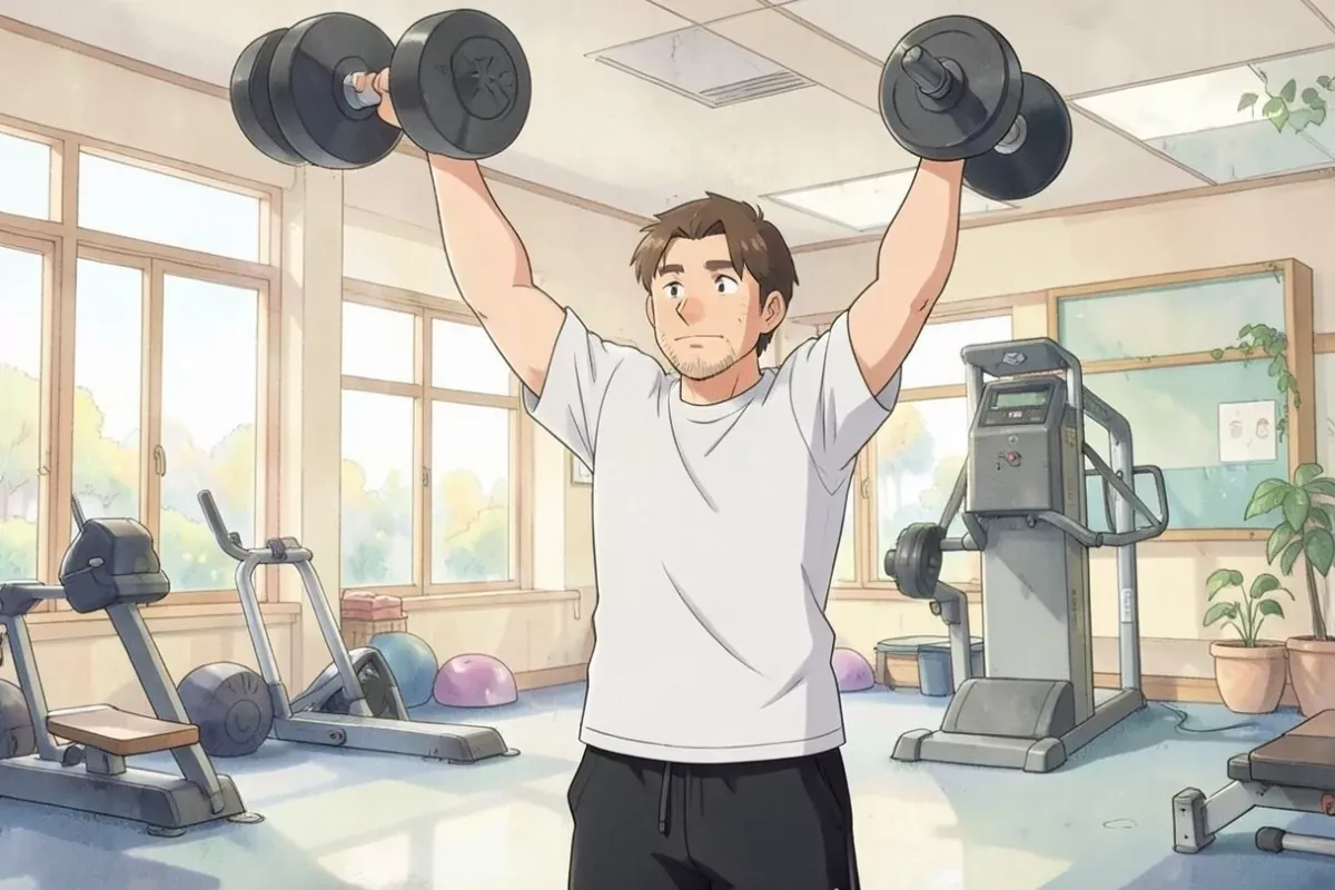 is lifting a dumbbell overhead with both hands in a bright indoor gym, focused determined expression, strong athletic pose - Studio Ghibli anime illus