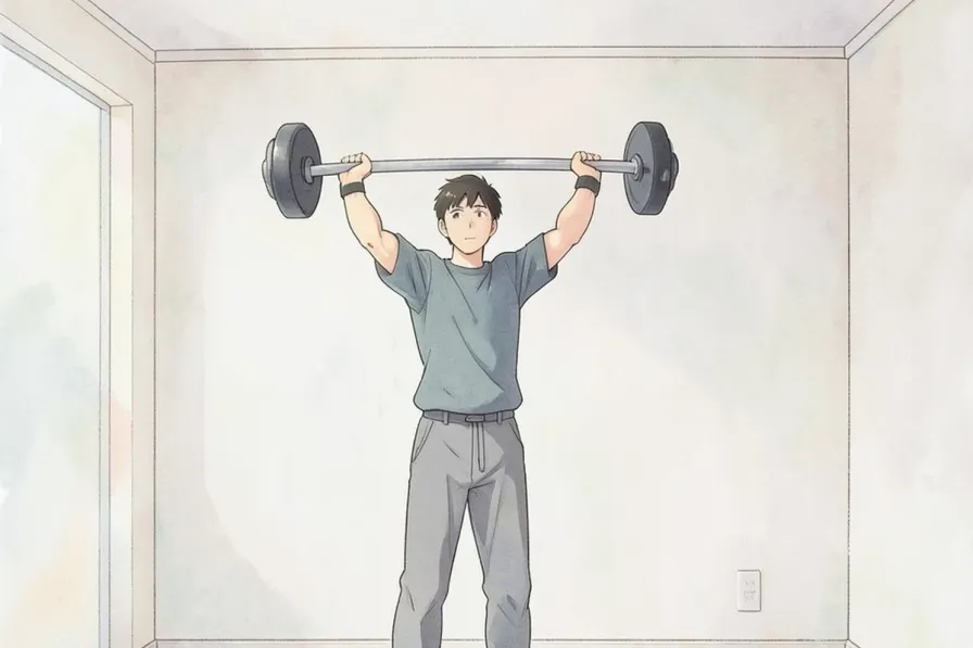 complete shoulder workout - a man standing indoors holding a plain barbell overhead press position - Studio Ghibli anime illustration