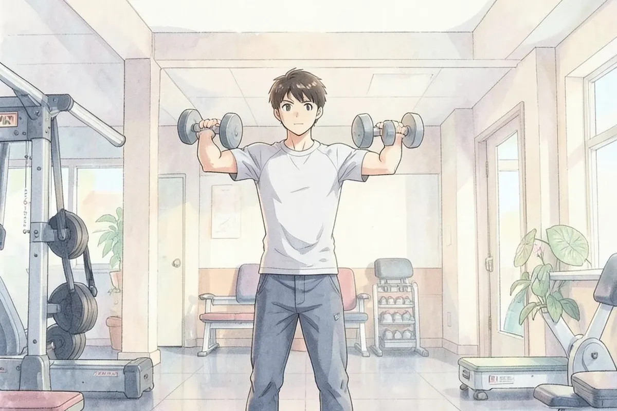 is standing indoors in a gym, holding light dumbbells at sides in starting position for lateral raises, upright posture, feet hip-width apart, indoor