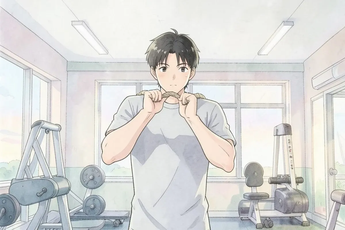 is standing indoors in a gym at a cable machine, one hand gripping a rope attachment at chin height, a single round pulley wheel clearly visible at th
