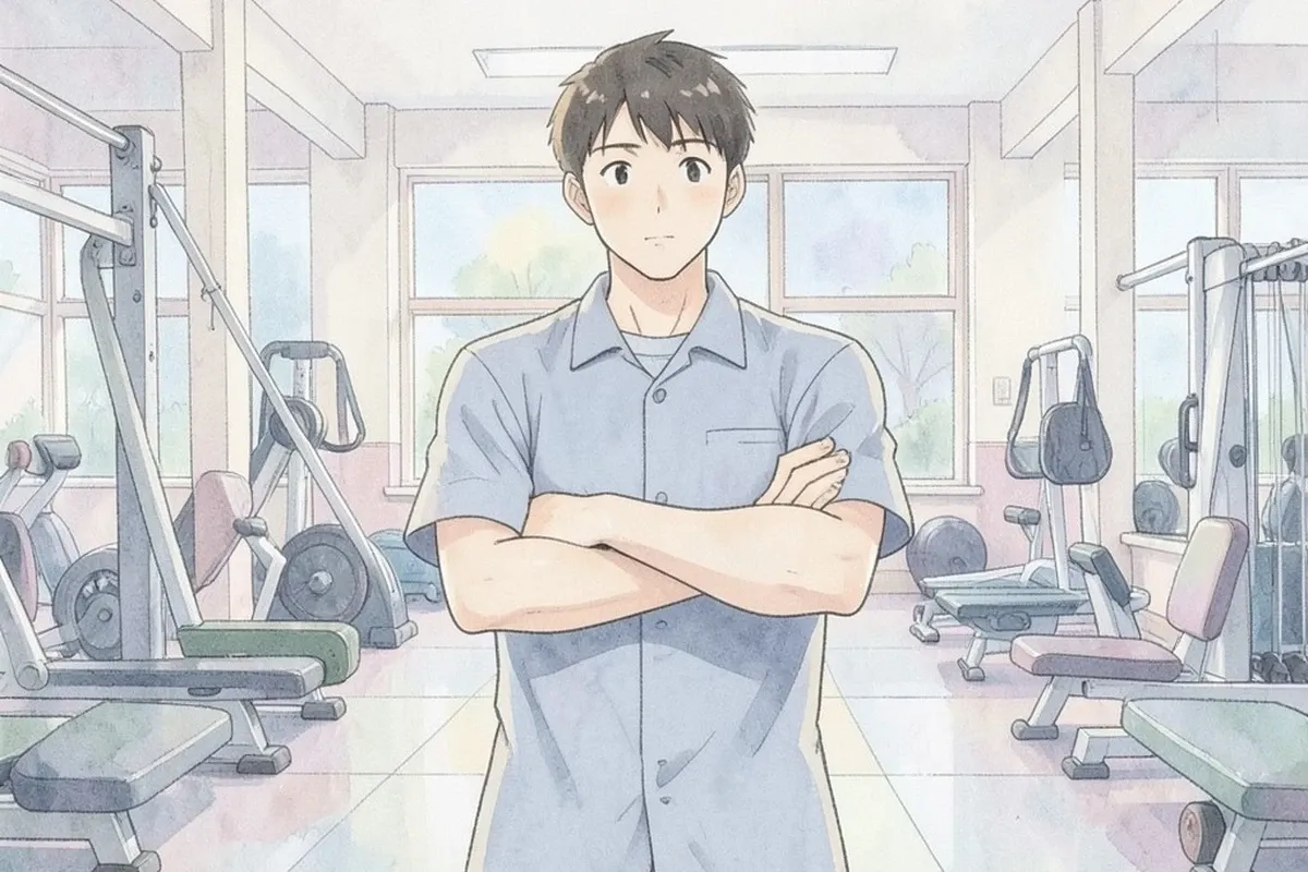 is standing indoors in a gym with both arms crossed, calm expression, indoor gym, no other people anywhere