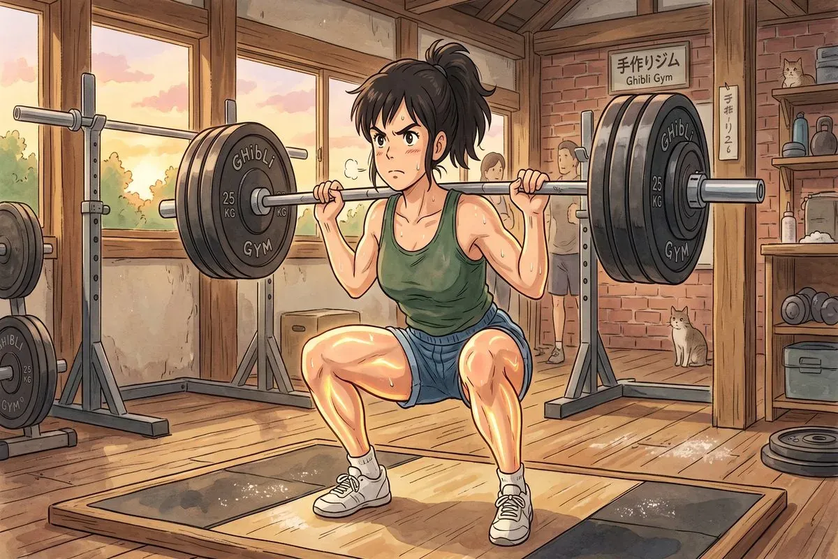 compound leg exercises barbell squat - Studio Ghibli anime illustration