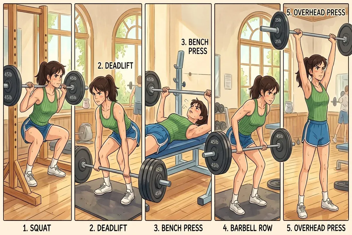core compound lifts squat deadlift bench press - Studio Ghibli anime illustration