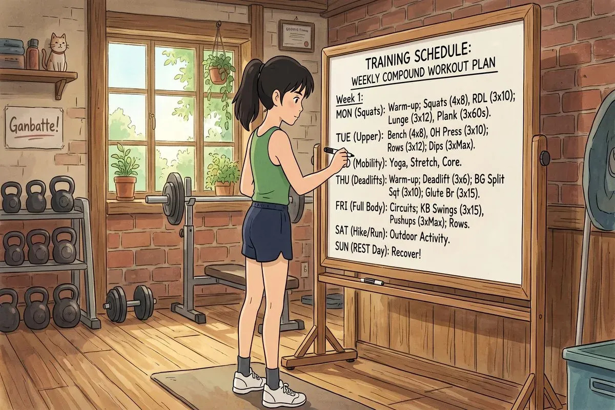 how to program compound exercises training plan - Studio Ghibli anime illustration