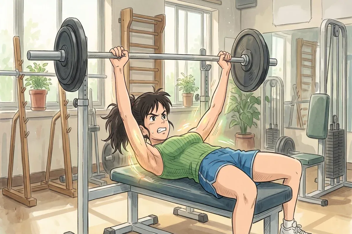 compound push exercises bench press - Studio Ghibli anime illustration