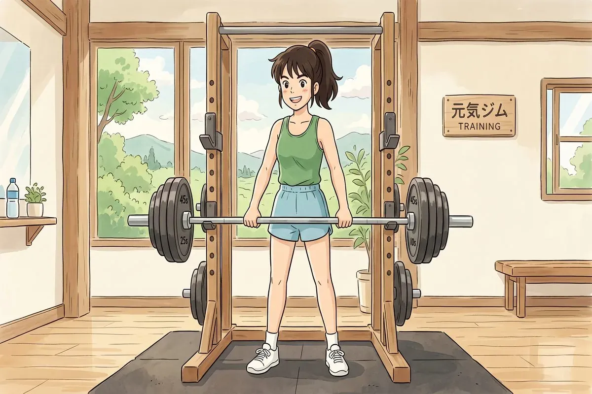 start compound exercises squat bench deadlift beginners - Studio Ghibli anime illustration