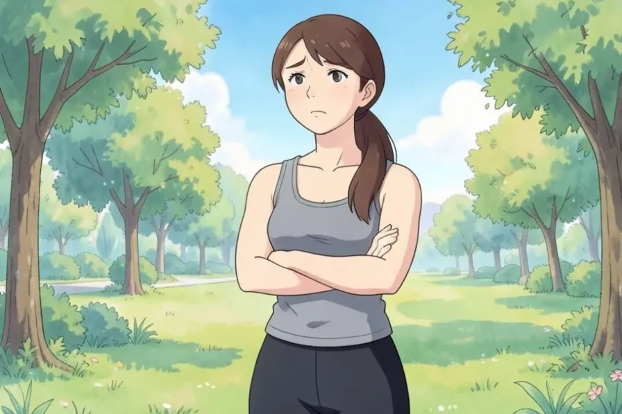 cortisol belly fat - a woman standing thoughtfully with both arms crossed outdoors - Studio Ghibli anime illustration