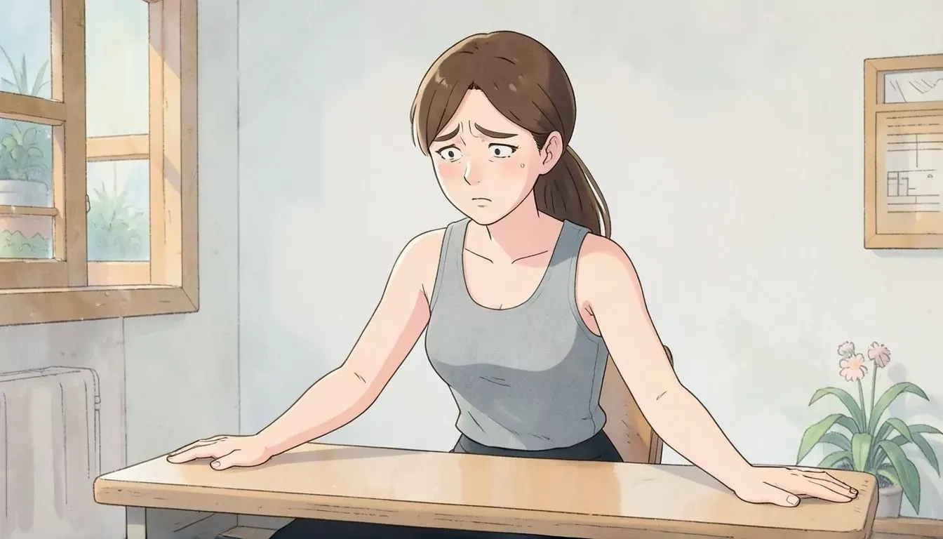 is sitting at a desk looking stressed and overwhelmed, both hands clasped together in front of her on the desk, bright home office - Studio Ghibli ani
