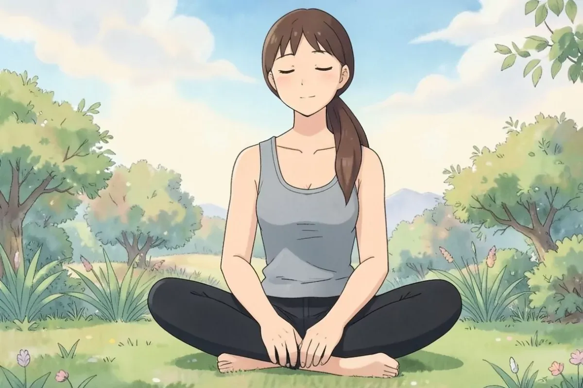 is sitting cross-legged outdoors with both hands resting on her knees, eyes closed, calm peaceful expression, practicing deep breathing - Studio Ghibl