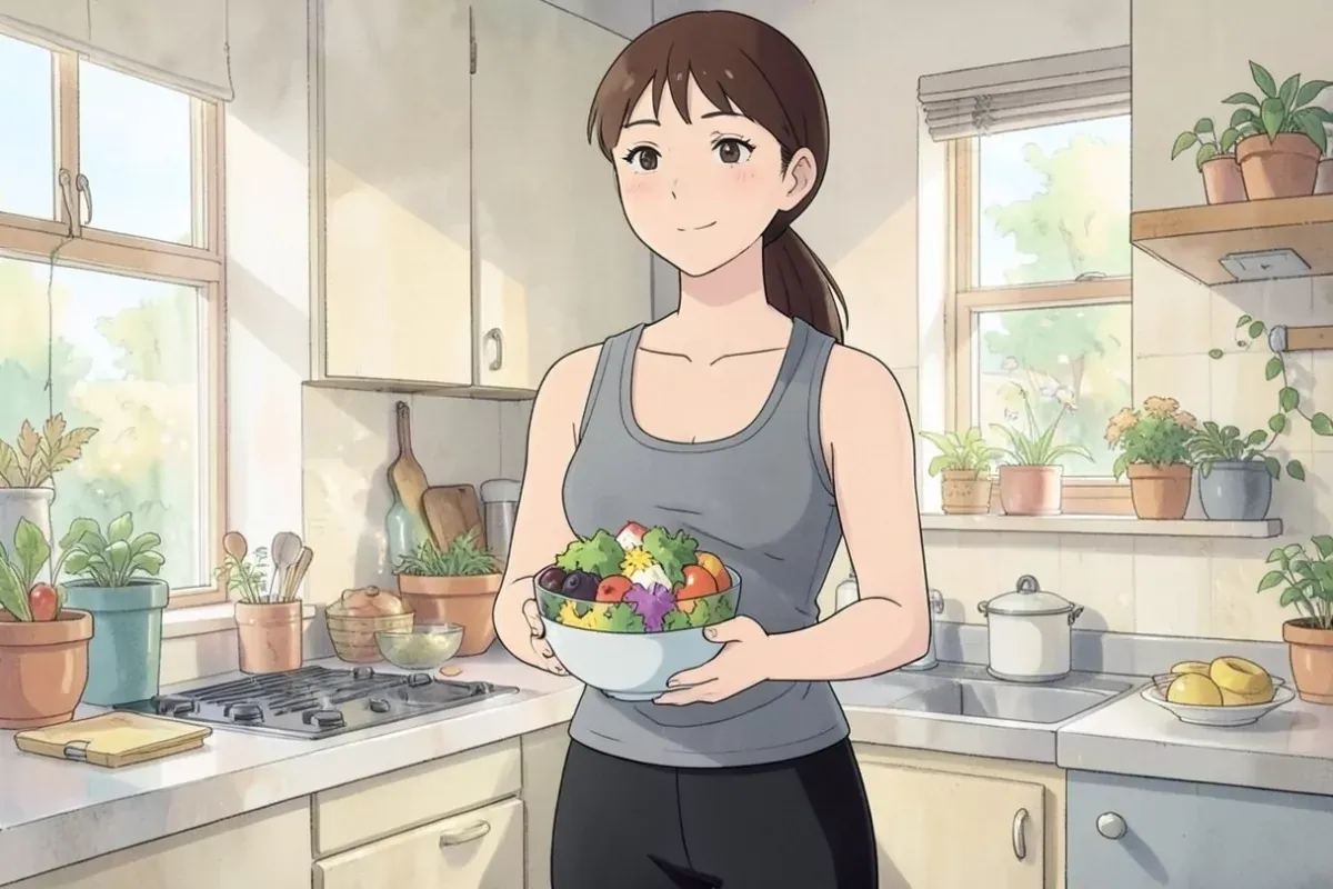 is standing in a bright kitchen holding a bowl of colorful salad with both hands, calm satisfied expression - Studio Ghibli anime illustration