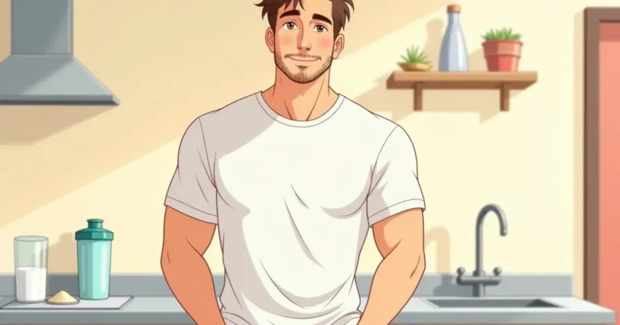 creatine for beginners - a scoop of creatine powder, a shaker bottle and a glass of water on a kitchen counter - Studio Ghibli anime illustration