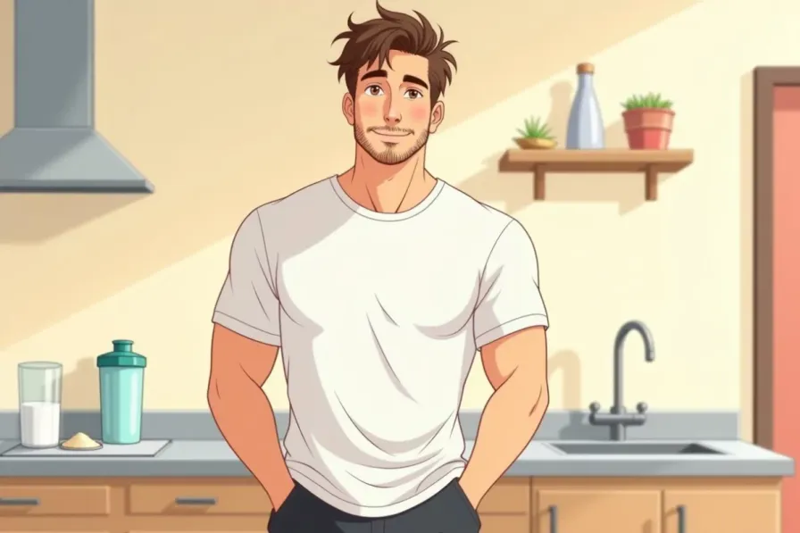 creatine for beginners - a scoop of creatine powder, a shaker bottle and a glass of water on a kitchen counter - Studio Ghibli anime illustration