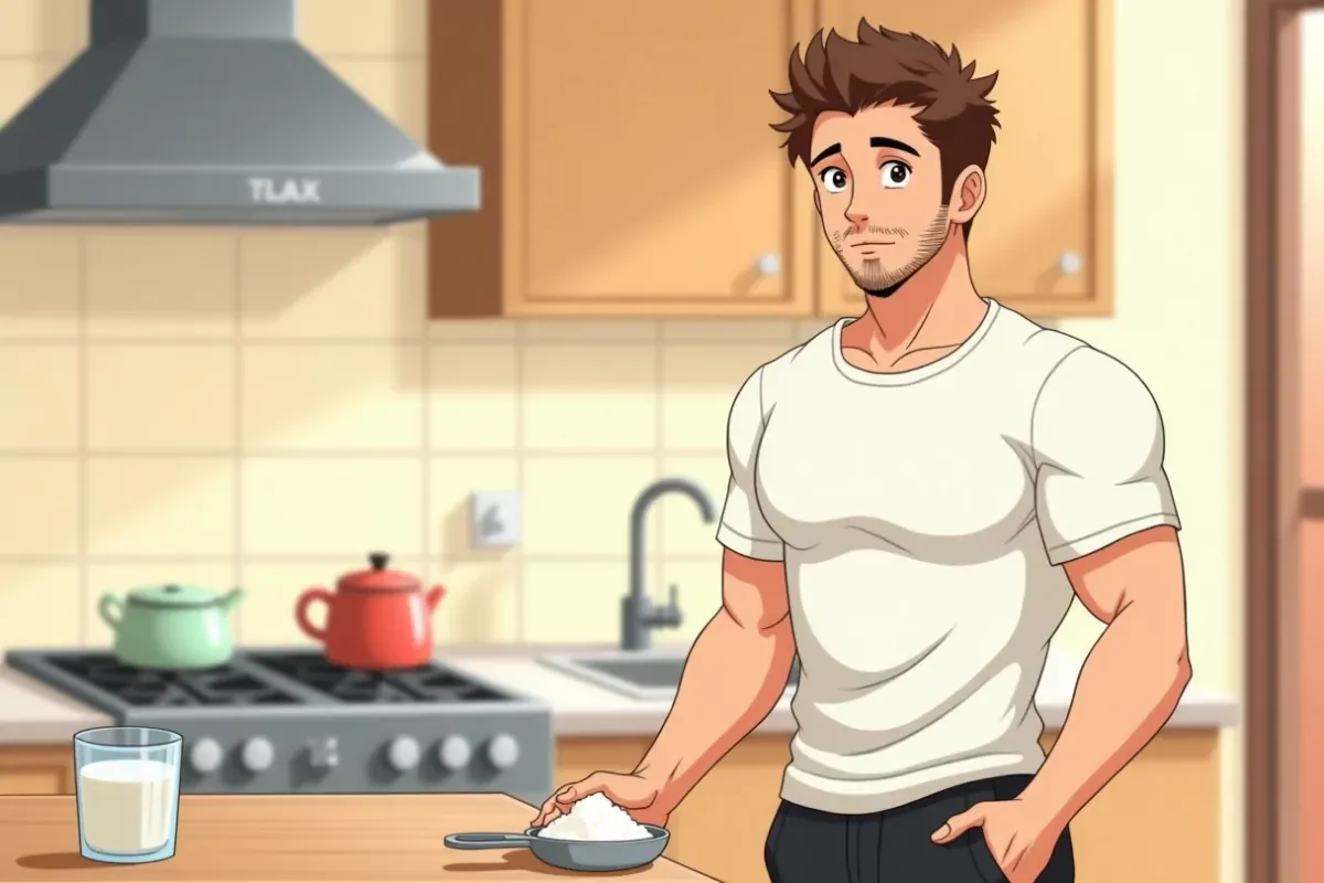 creatine for beginners - a scoop of white creatine powder next to a glass of water on a kitchen counter - Studio Ghibli anime illustration