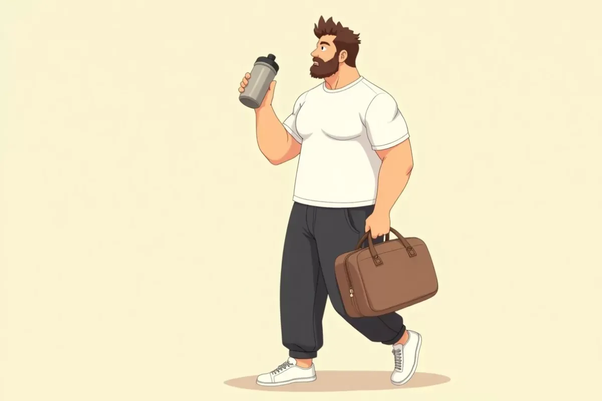 creatine for beginners - a gym bag and a shaker bottle on the floor ready for a workout - Studio Ghibli anime illustration