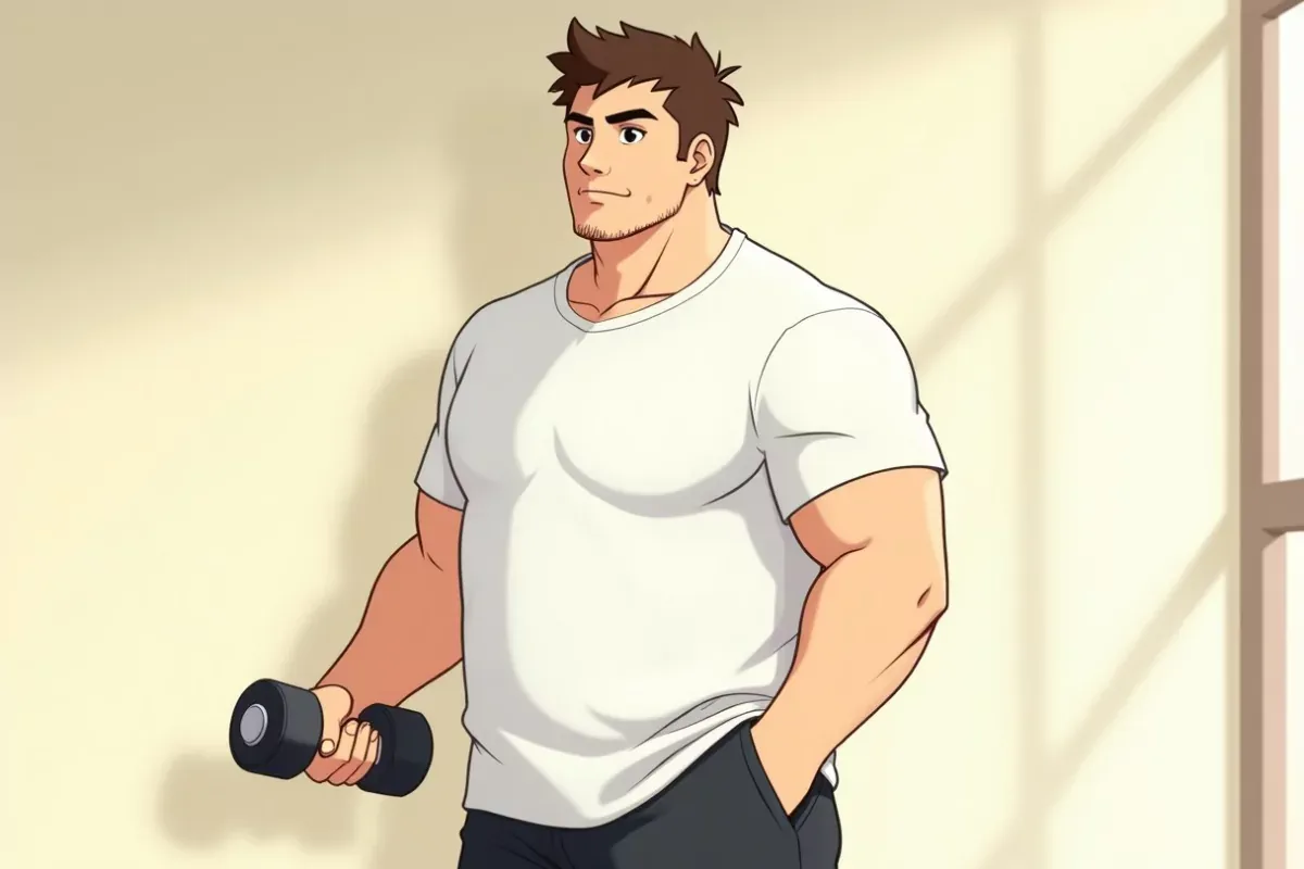is holding a single compact dumbbell in his right hand at his side, arm relaxed, calm expression, bright indoor gym - Studio Ghibli anime illustration