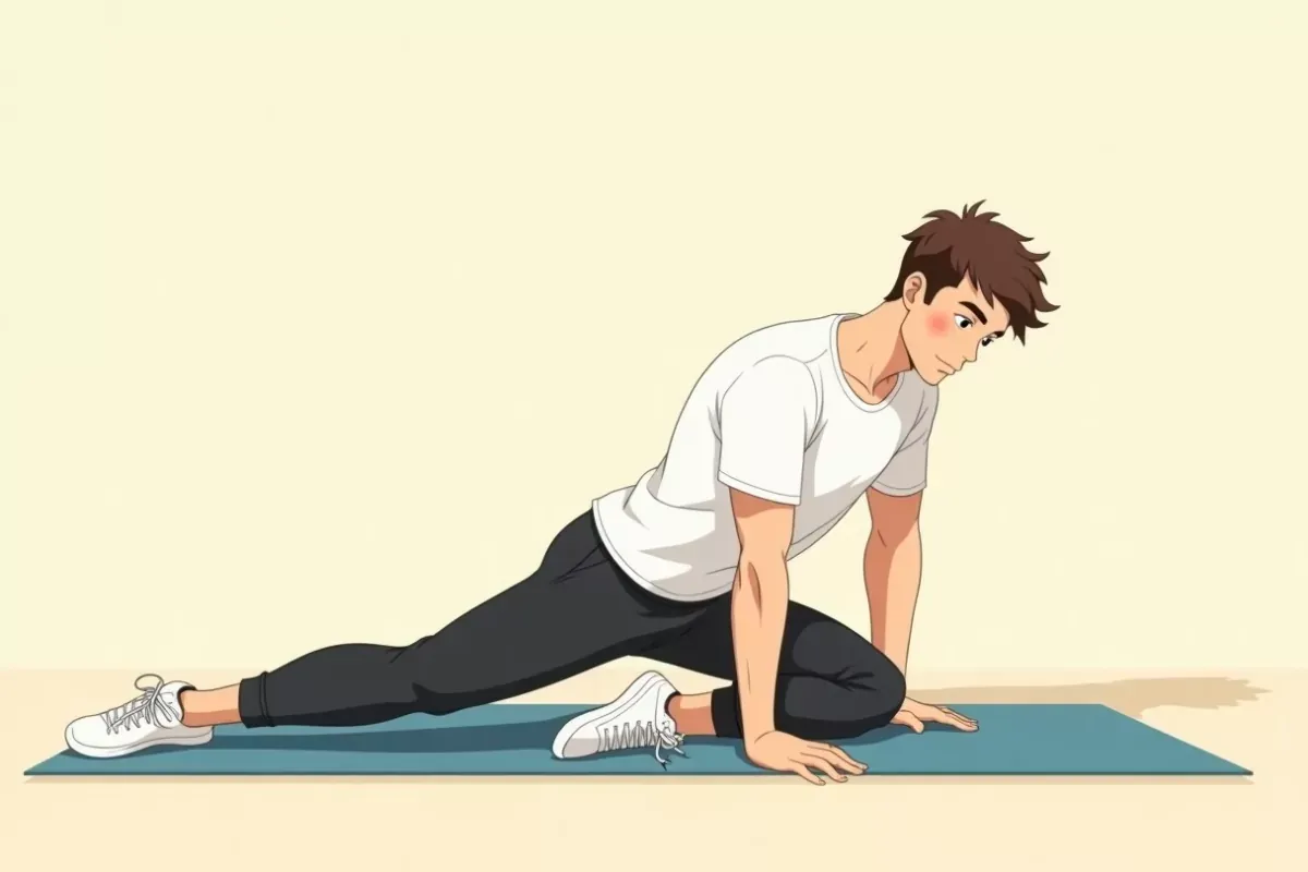 is stretching with both arms reaching forward on a yoga mat, calm expression, bright room - Studio Ghibli anime illustration