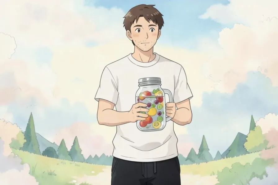detox water for weight loss - a man holding a mason jar of fruit infused water in his kitchen - Studio Ghibli anime illustration