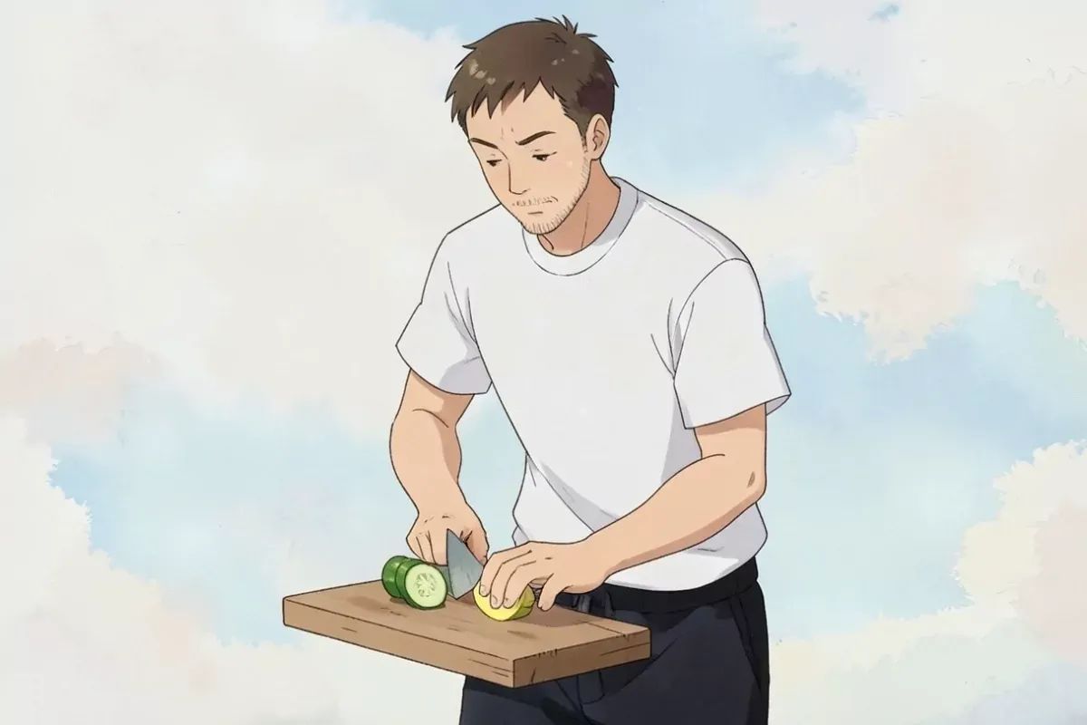 is slicing a cucumber and a lemon on a wooden cutting board with both hands, fresh mint leaves nearby, bright kitchen counter - Studio Ghibli anime il