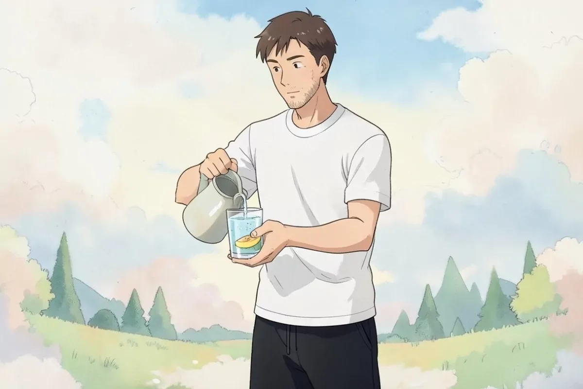 is pouring water from a pitcher into a tall glass with both hands, fruit slices floating in the pitcher, bright kitchen - Studio Ghibli anime illustra