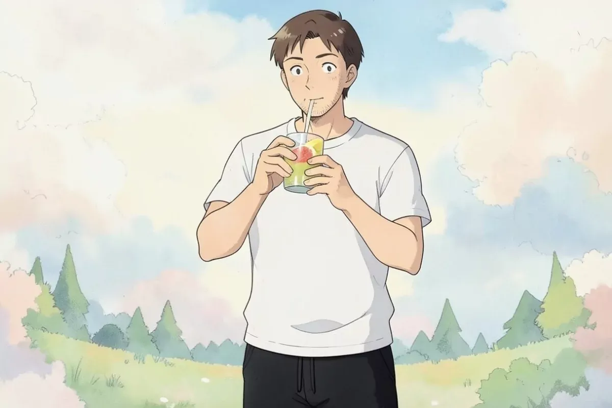 is drinking a glass of fruit-infused water through a straw held in both hands, smiling, bright kitchen - Studio Ghibli anime illustration
