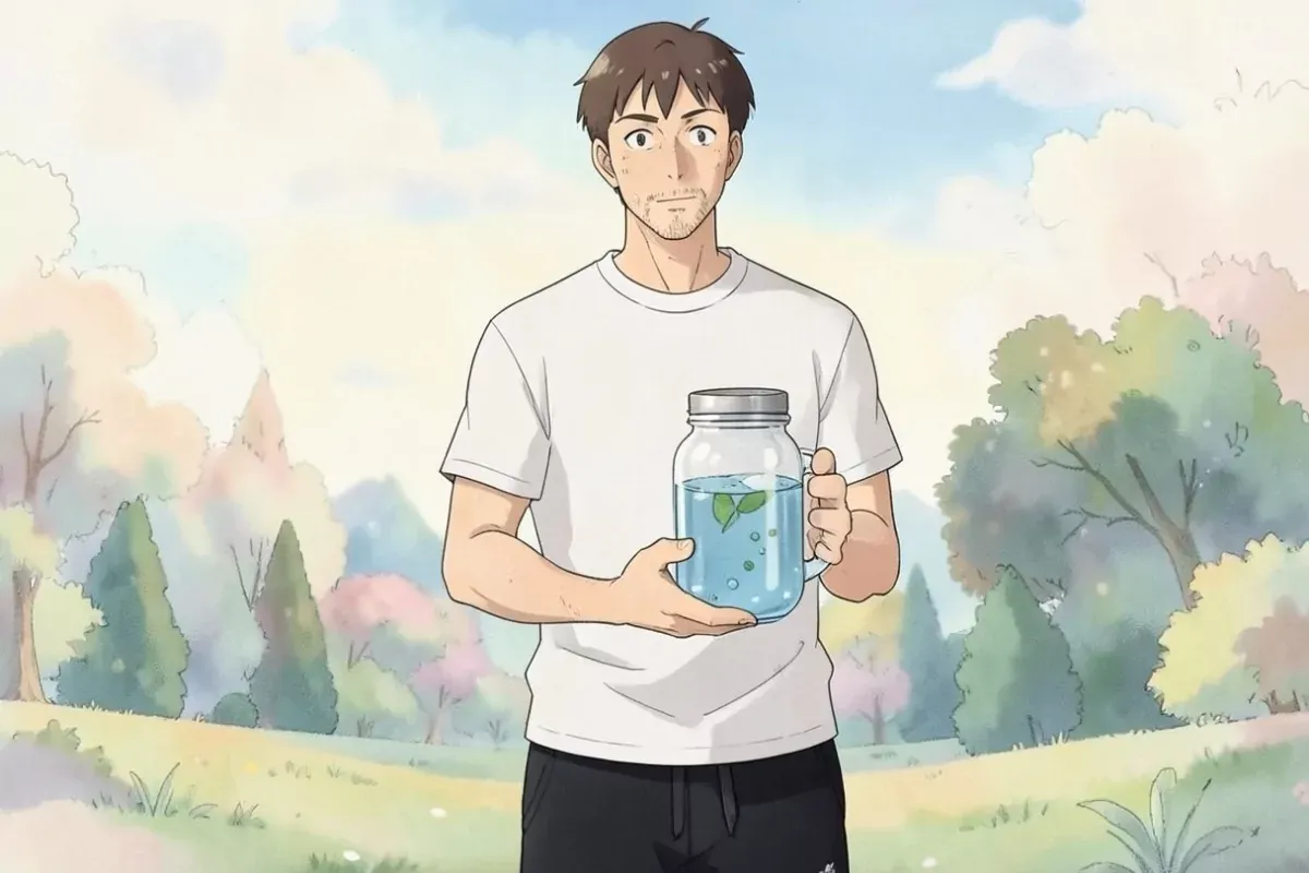 is holding a large mason jar of infused water with both hands next to a small healthy meal, showing it as part of a daily routine - Studio Ghibli anim