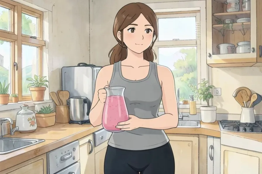 DIY recovery drinks - a woman holding a large blender pitcher of homemade berry recovery smoothie in a bright kitchen - Studio Ghibli anime illustration