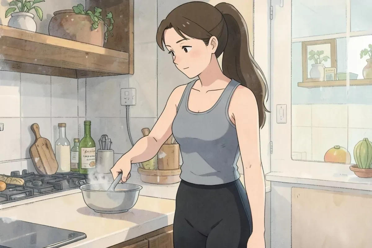 is pouring a large pitcher of homemade sports drink into a big mason jar with both hands, bright kitchen counter, focused expression - Studio Ghibli a