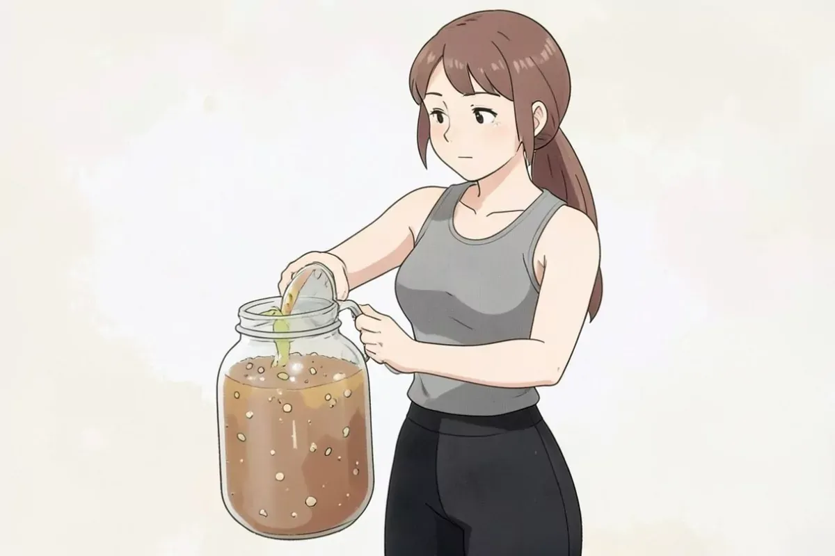 is pouring a large pitcher of homemade sports drink into a big mason jar with both hands, bright kitchen counter, focused expression - Studio Ghibli a
