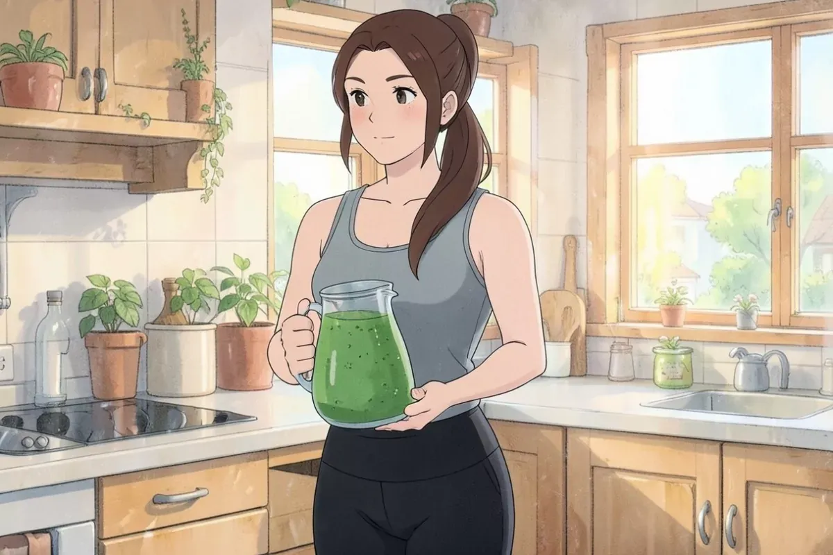 is holding a large blender jug filled with a green-orange smoothie with both hands, standing at a kitchen counter, bright natural light - Studio Ghibl