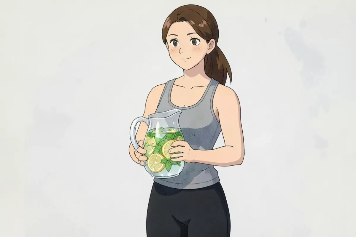 is holding a large glass pitcher of citrus and mint infused water with both hands, standing by a sunny window, calm expression - Studio Ghibli anime i