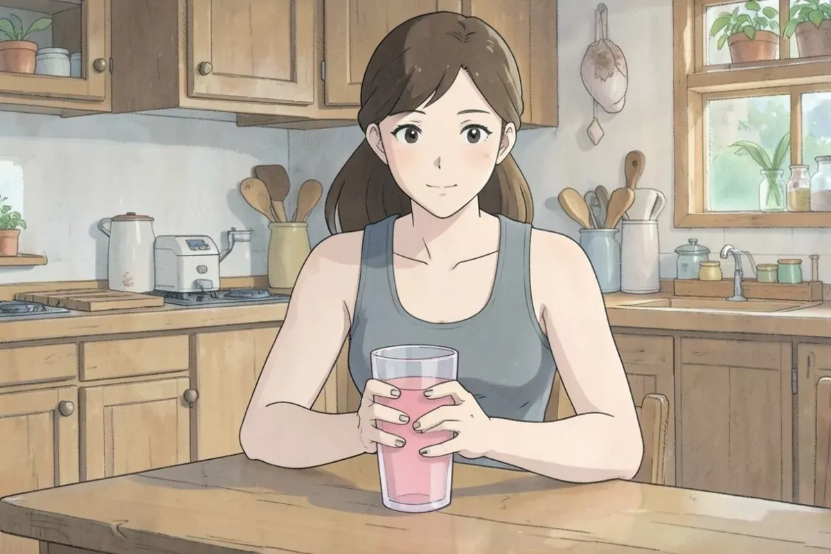 is sitting at a wooden kitchen table with both hands wrapped around a large glass of berry protein shake, calm satisfied expression, bright kitchen -
