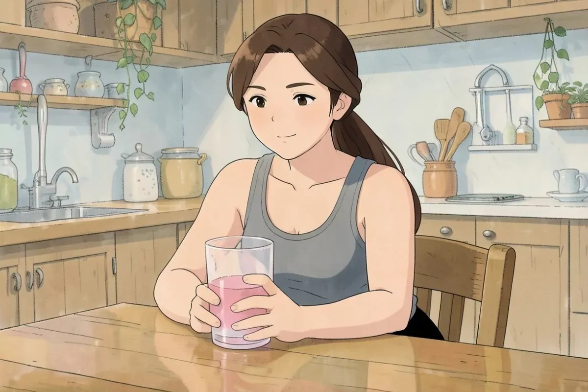 is sitting at a wooden kitchen table with both hands wrapped around a large glass of berry protein shake, calm satisfied expression, bright kitchen -