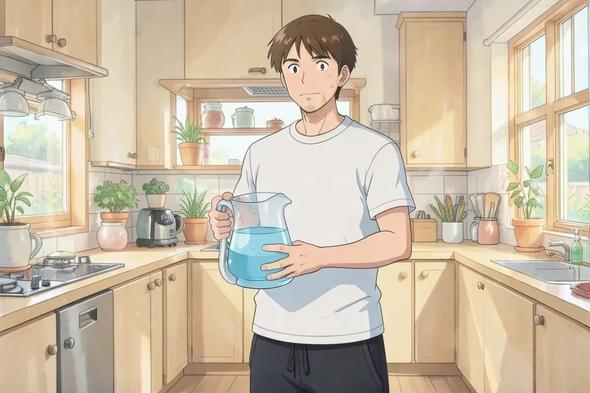 is standing in a bright kitchen holding a large glass pitcher of water with both hands, pouring water into a glass on the counter, focused expression 