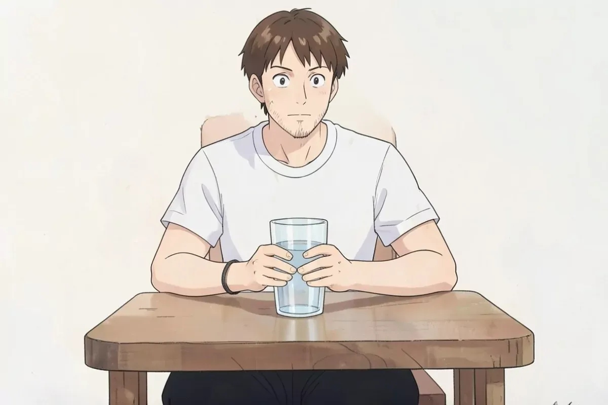 is sitting at a wooden table with both hands wrapped around a large glass of water, looking thoughtful, bright kitchen - Studio Ghibli anime illustrat